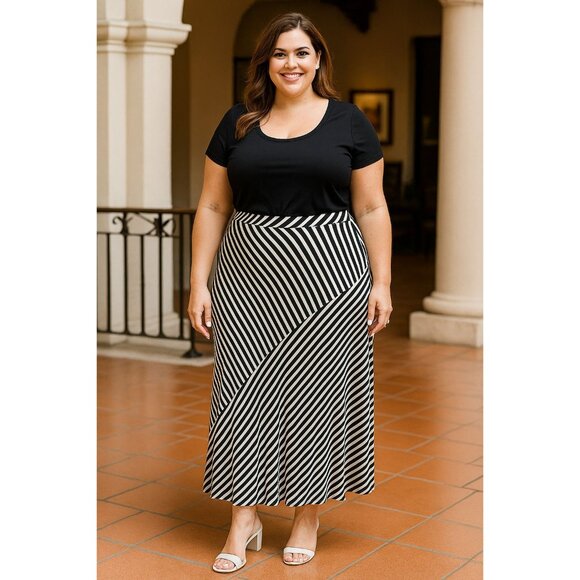 Cha Cha Vente Plus Size 2X Maxi Skirt Womens Black White Striped Asymmetric - Picture 8 of 8